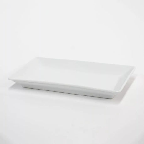 Elegant rectangular porcelain plate measuring 230mm x 135mm, perfect for stylishly serving meals and easy cleaning.