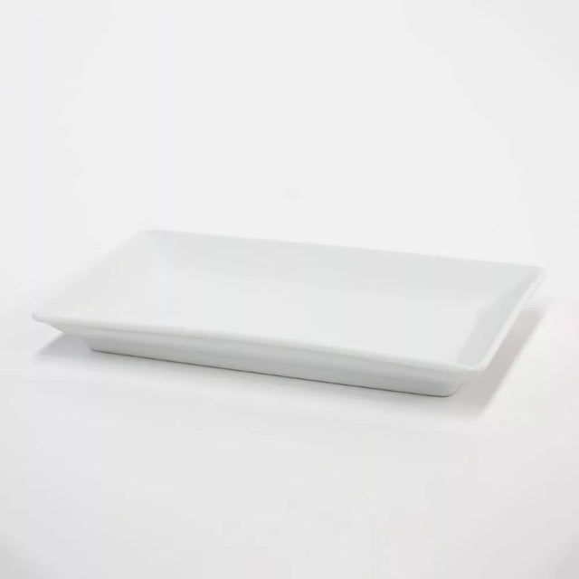 Elegant rectangular porcelain plate measuring 230mm x 135mm, perfect for stylishly serving meals and easy cleaning.