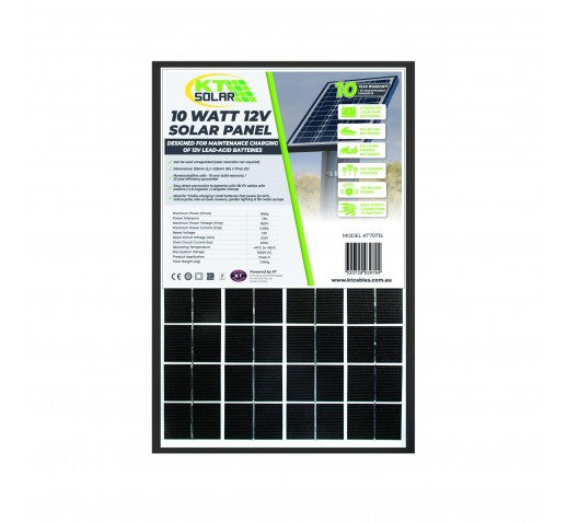 10W 12V single cell mono-crystalline solar panel for charging lead-acid batteries, ideal for outdoor applications.