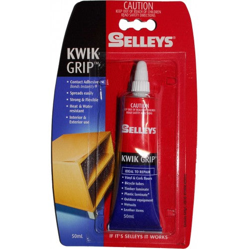 Selleys Kwikgrip 50ml contact adhesive, ideal for quick bonding of wood, metal, leather, and plastic, with heat resistance up to 130°C.