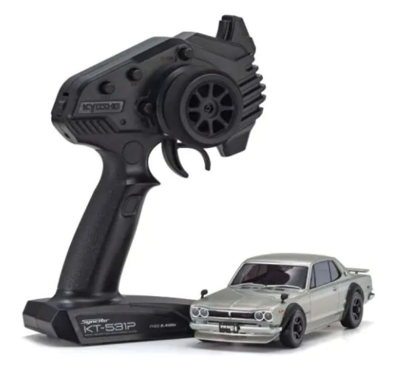 MA-020 GT-R (KPGC10) Silver RC car with AWD, drift tires, VCS suspension, and precision engineering for thrilling mini racing.