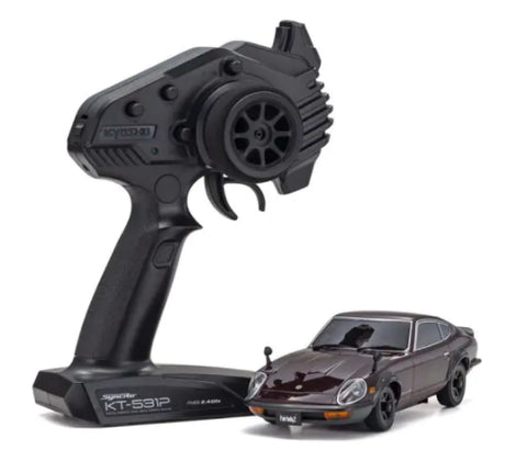 Alt text: Maroon MA-020 Datsun 240Z RC car with AWD, VCS, and 2.4GHz transmitter, ideal for drifting and collectors.