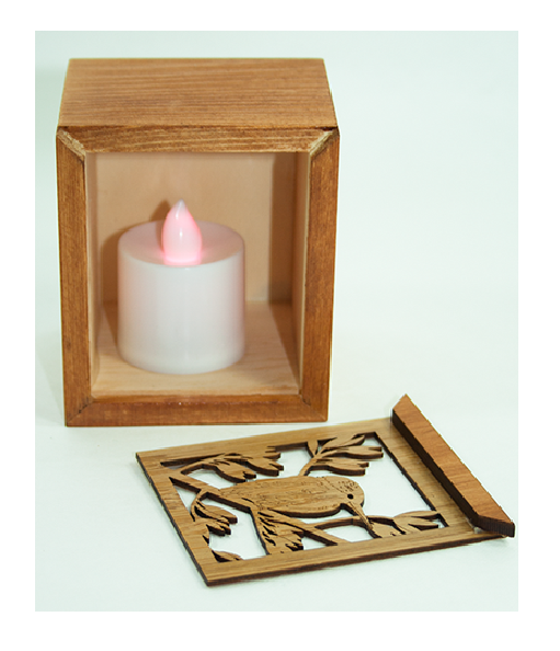 LED tealight box made of bamboo with 7-color changing candle, doubles as a trinket holder, perfect for home decor.