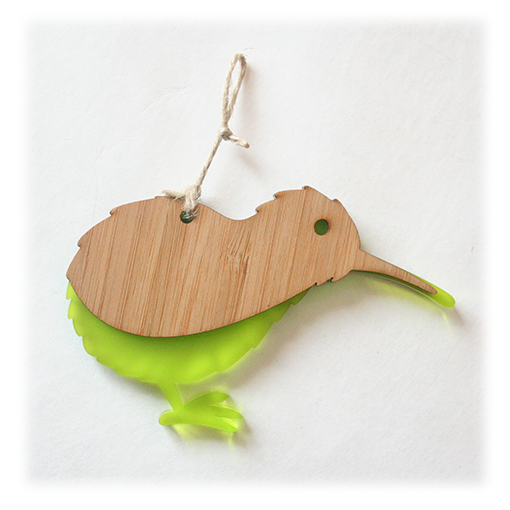 Kiwi ornament made of eco-friendly bamboo and vibrant satin acrylic in lime, featuring intricate details and easy to hang.