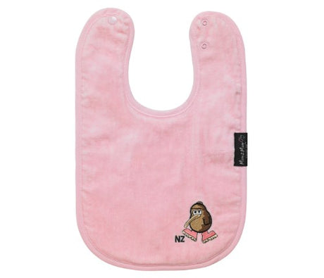 Baby pink bib featuring Kiwi-inspired design, super-absorbent fabric, and water-resistant backing for comfort and style.