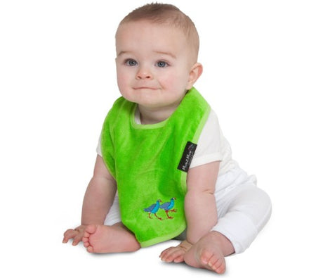 Vibrant Lime Pukeko bib designed for infants, featuring super-absorbent towelling and a water-resistant backing.