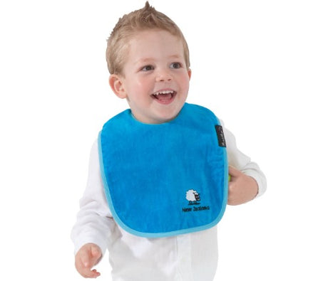 Teal sheep-patterned baby bib for 0-3 years, featuring absorbent cotton and water-resistant backing for comfort and style.