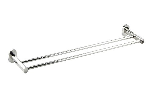 Polished stainless steel double towel rail, 600mm center-to-center, sleek design for stylish bathroom organization.