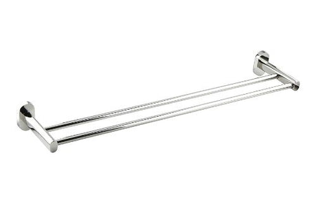 Polished stainless steel double towel rail, 600mm center-to-center, sleek design for stylish bathroom organization.