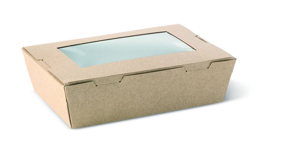 Cardboard window box (400ml) pack of 50, ideal for showcasing meals like sushi and salads with easy access and secure lid.