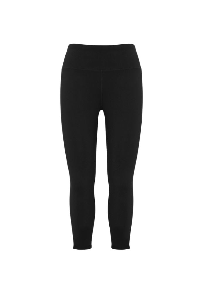 Ladies Flex 3/4 leggings in black, size XS, featuring 4-way stretch, reflective tape, and a comfortable wide waistband.