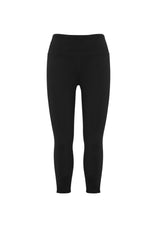Ladies Flex 3/4 leggings in black, size XS, featuring 4-way stretch, reflective tape, and a comfortable wide waistband.