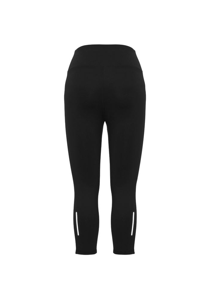 Ladies Flex 3/4 leggings in black, size XS; features 4-way stretch, wide waistband, reflective tape, and internal key pocket.
