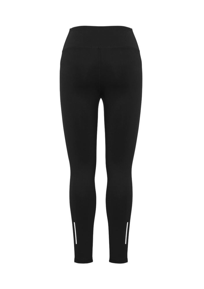 Black Ladies Flex Full Leggings in size M, featuring 4-way stretch, reflective tape, and internal key pocket for activewear comfort.