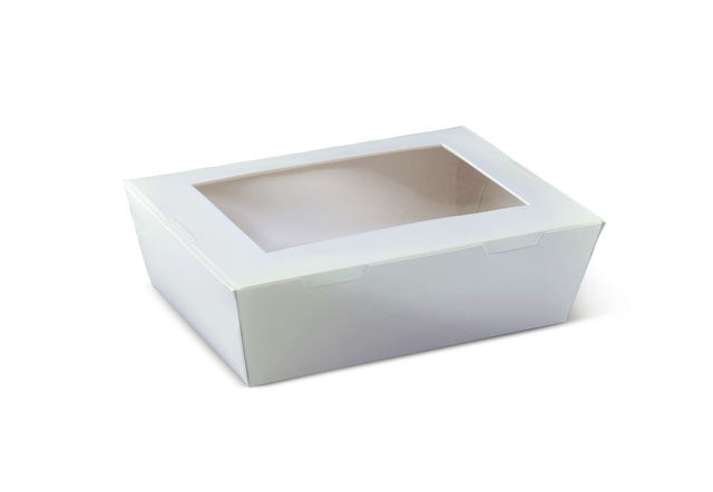 Large cardboard window box (1900ml) in white, perfect for showcasing sushi, salads, and pasta with a hinged lid for easy access.