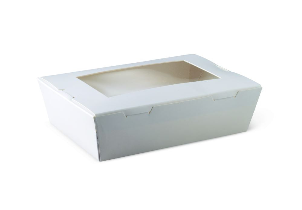 Small cardboard window box, 700ml capacity, ideal for food packaging with hinged lid and clear viewing window for presentation.