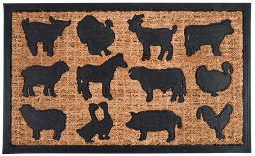 Charming rubber and coir doormat featuring vibrant farm animals, perfect for welcoming guests and enhancing farmhouse decor.