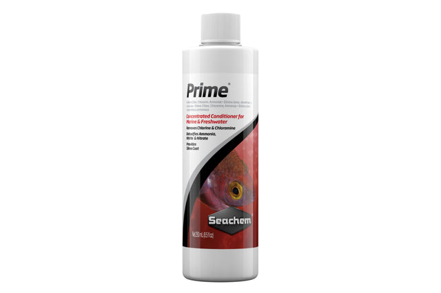 Seachem Prime 250mL bottle, an all-in-one water conditioner for aquariums, removing toxins and detoxifying heavy metals.