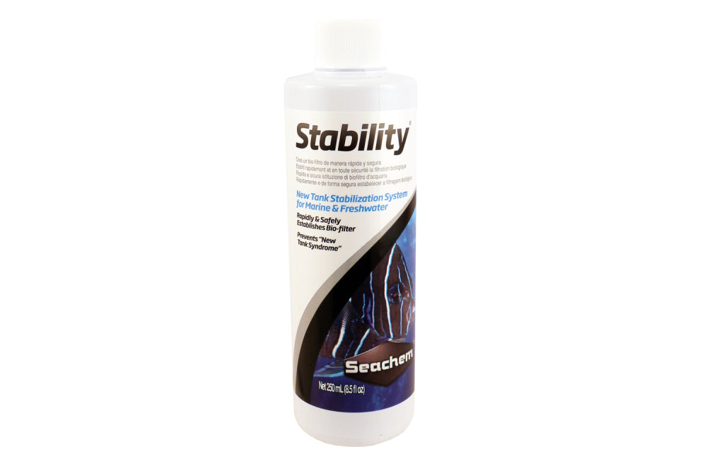 Bottle of Seachem Stability 250mL for quickly establishing a biofilter in freshwater and marine aquariums, preventing new tank syndrome.