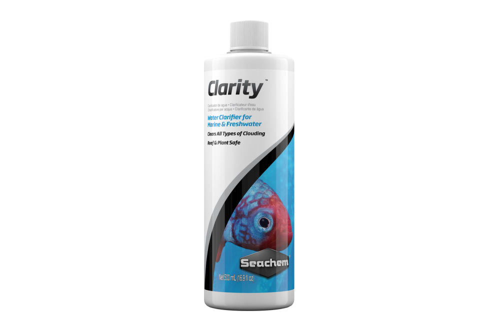 Clarity 500mL by Seachem, a safe clarifier for clear aquarium water in fresh and saltwater environments.