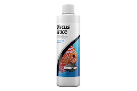 Seachem Discus Trace 250mL bottle, a sodium-free mineral supplement for vibrant discus fish health and growth.