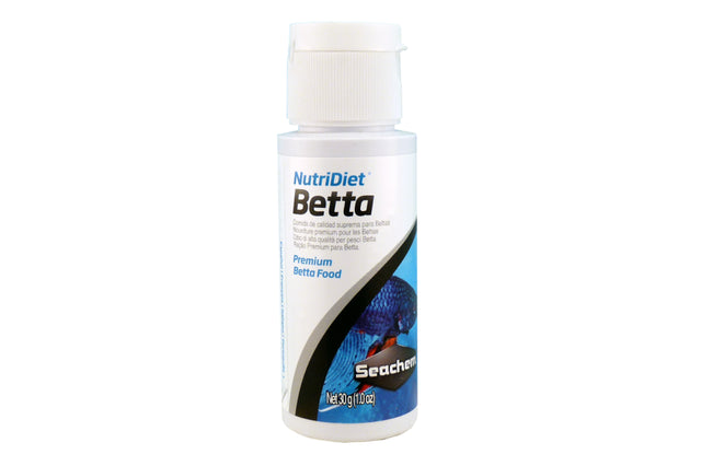 Premium Seachem NutriDiet Betta food in 30g packaging, enriched with krill and fish meal for vibrant Betta health and vitality.