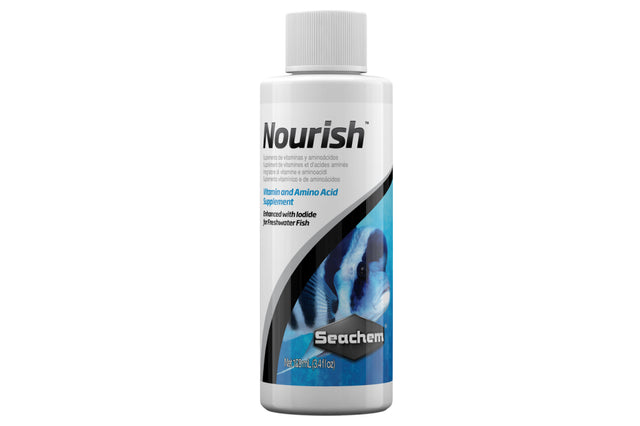 Seachem Nourish 100ml fish food enhances vitality with vitamins, amino acids, and iodide for freshwater and marine fish.