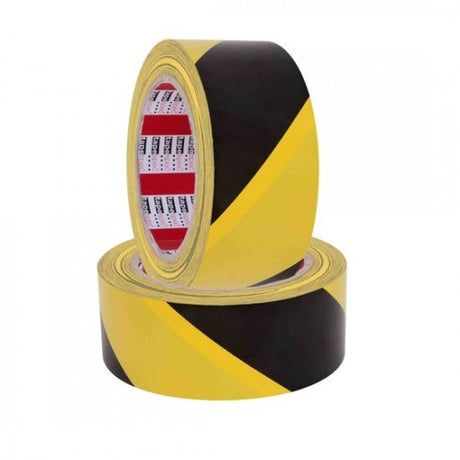 Durable yellow and black lane marking tape for safety zones, measuring 0009 mm x 33 m, ideal for industrial use.