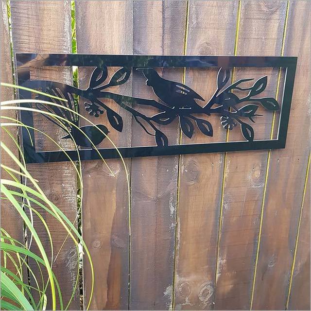 Large black wall art featuring a Tui Fantail, made of durable ACM, perfect for indoor or outdoor decor. Measures 790mm x 285mm.
