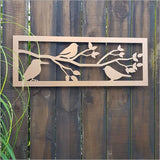 Large brushed copper wall art panel featuring three elegant birds, ideal for indoor and outdoor decor, measuring 790mm x 285mm.