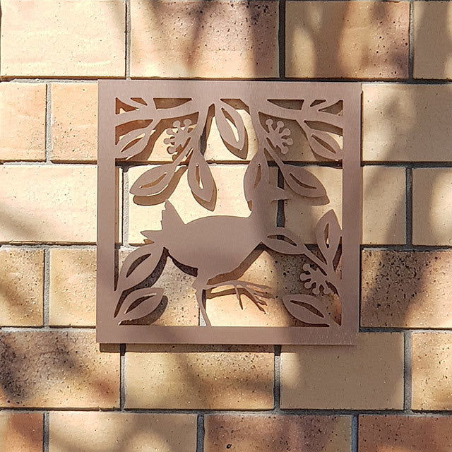 Large square wall art featuring a stunning Fantail bird on brushed copper, ideal for indoor or outdoor decor.