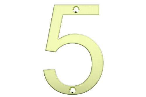 Polished brass number 5 for letterboxes, 80mm tall, stylish, durable, easy screw installation for enhanced curb appeal.