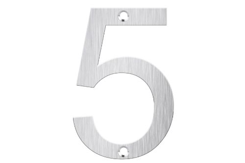 Brushed stainless steel numeral 5 for letter boxes, 80mm tall, durable and elegant for enhanced home visibility.
