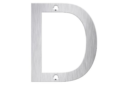 Brushed stainless steel letter box number "D", sleek design, durable, weather-resistant, easy screw fix installation.