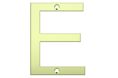 Polished brass letter 'E' for mailboxes, featuring a sleek finish, durable design, and easy installation for visibility.