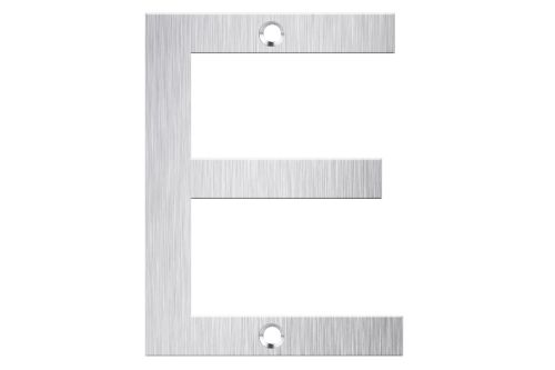 Brushed stainless steel letter box number 'E', durable and elegant for enhanced mailbox aesthetics. Easy screw installation.