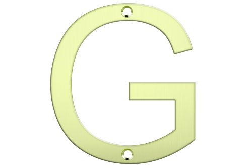 Polished brass letterbox number "G," 80mm tall, enhancing curb appeal with elegance and easy visibility for mail delivery.