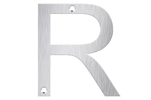 Brushed stainless steel letter box number "R", 80mm tall, stylish and durable for improved addressing visibility.