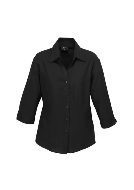 Ladies Black 3/4 sleeve shirt in size 24, featuring breathable fabric, open neckline, and curved hem for versatile styling.