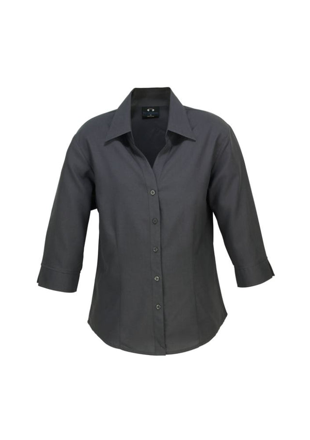 Charcoal 3/4 sleeve shirt for women, featuring breathable fabric, open neckline, and curved hem for versatile styling. Size 10.