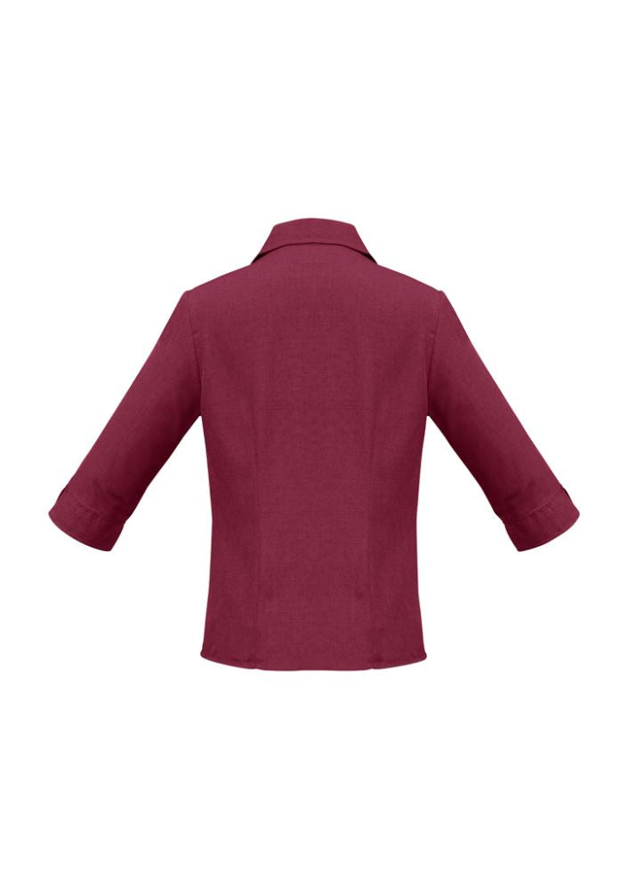 Ladies 3/4 sleeve shirt in bright Cherry, Size 14, featuring breathable fabric and UPF protection for stylish comfort.