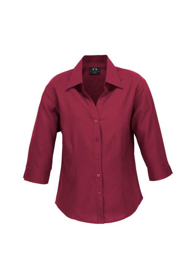 Ladies Cherry 3/4 sleeve shirt by Biz Collection featuring a breathable fabric, open neckline, and versatile curved hem. Size 10.