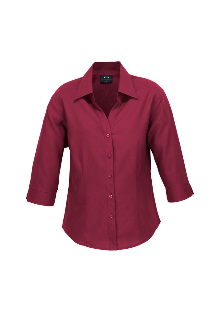 Cherry-colored Ladies Plain Oasis 3/4 Sleeve Shirt, Size 24, made from breathable polyester for comfort and sun protection.