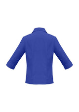 Electric Blue 3/4 sleeve shirt for women, size 18; breathable fabric, stylish open neckline, versatile curved hem.