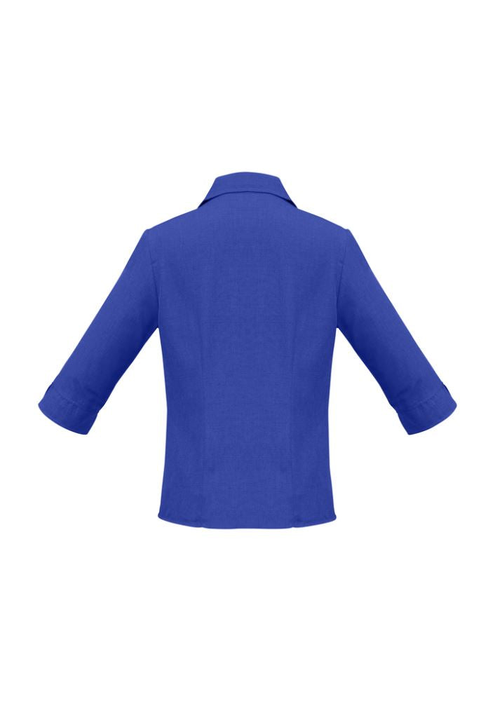 Electric blue 3/4 sleeve shirt for ladies, featuring a breathable fabric, open neckline, and a versatile curved hem. Size 20.