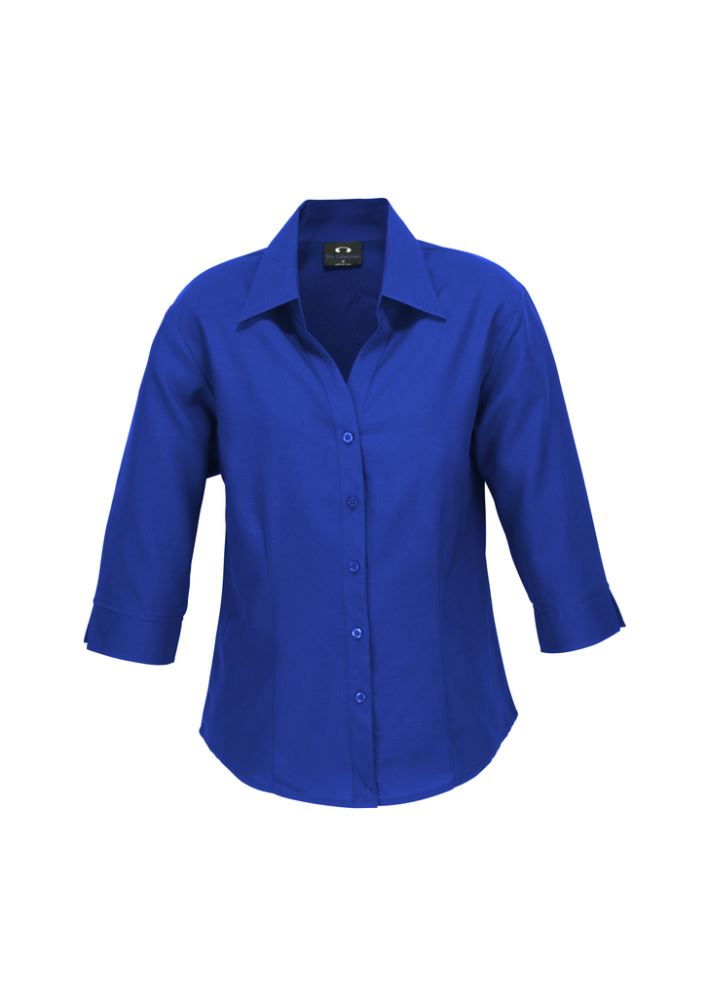 Electric blue 3/4 sleeve shirt from Biz Collection, featuring breathable fabric, UPF protection, and a stylish curved hem.
