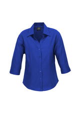 Electric blue 3/4 sleeve shirt from Biz Collection, featuring breathable fabric, UPF protection, and a stylish curved hem.