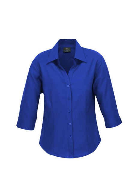 Electric blue 3/4 sleeve shirt from Biz Collection, featuring breathable fabric, UPF protection, and a stylish curved hem.