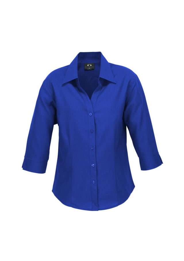 Electric blue 3/4 sleeve shirt from Biz Collection, featuring breathable fabric, UPF protection, and a stylish curved hem.