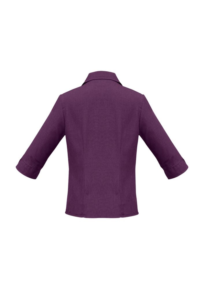 Ladies 3/4 sleeve shirt in grape, featuring breathable fabric, UPF protection, open neckline, and stylish curved hem.